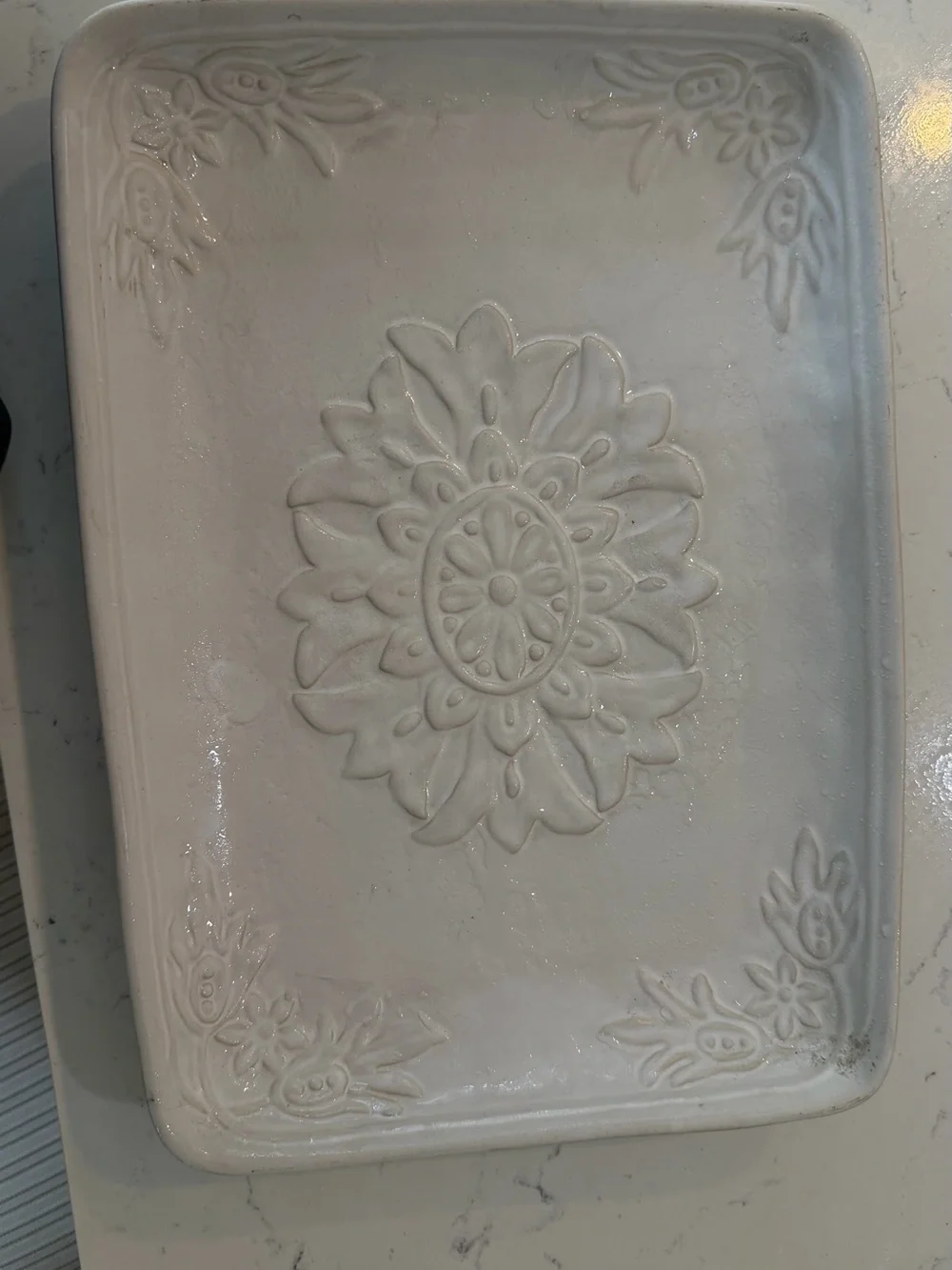 Pottery Barn White Embossed Floral Ceramic Tray Wall Plaque